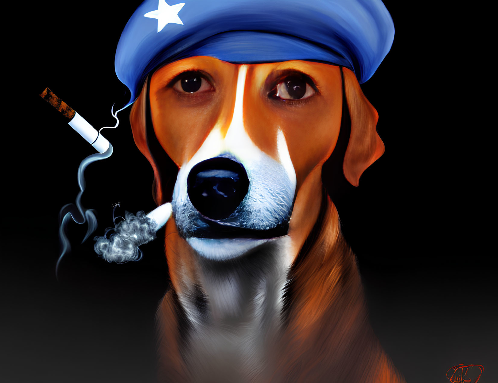 Digital artwork: Tough dog in blue beret smoking cigar on black background