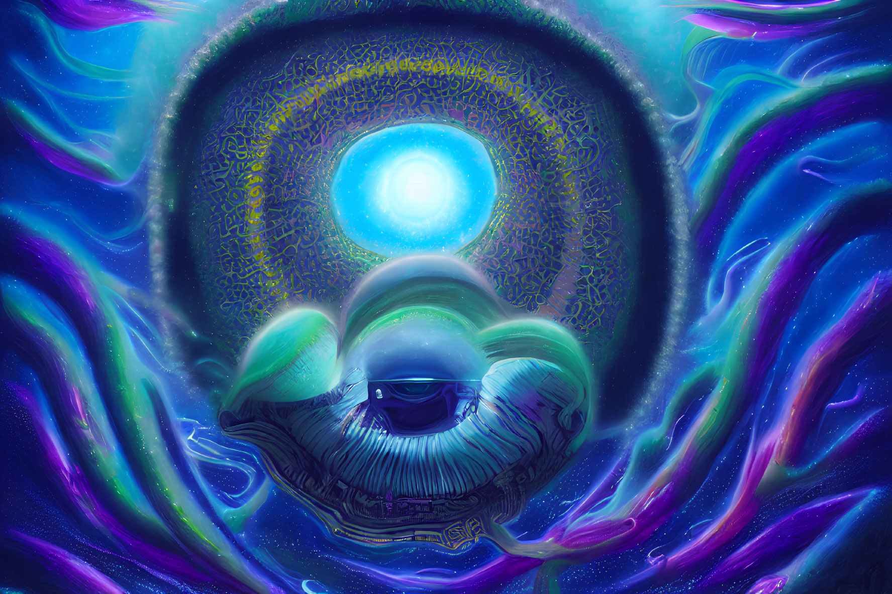 Vibrant cosmic eye artwork with swirling colors