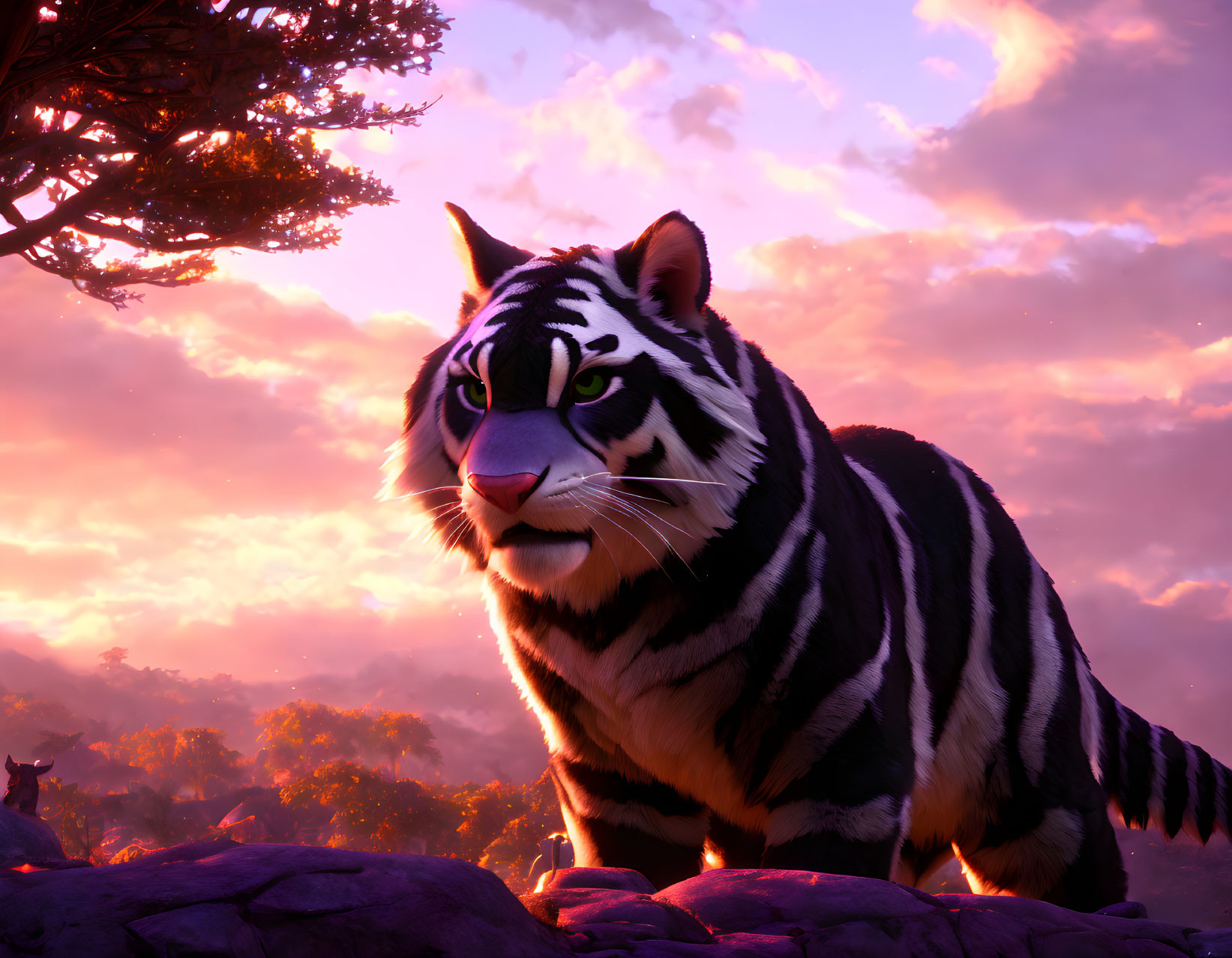 Majestic animated tiger with bold stripes in purple and orange sunset.