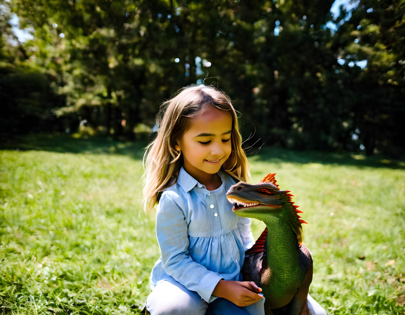 Young girl smiling with toy dinosaur in park sunlight