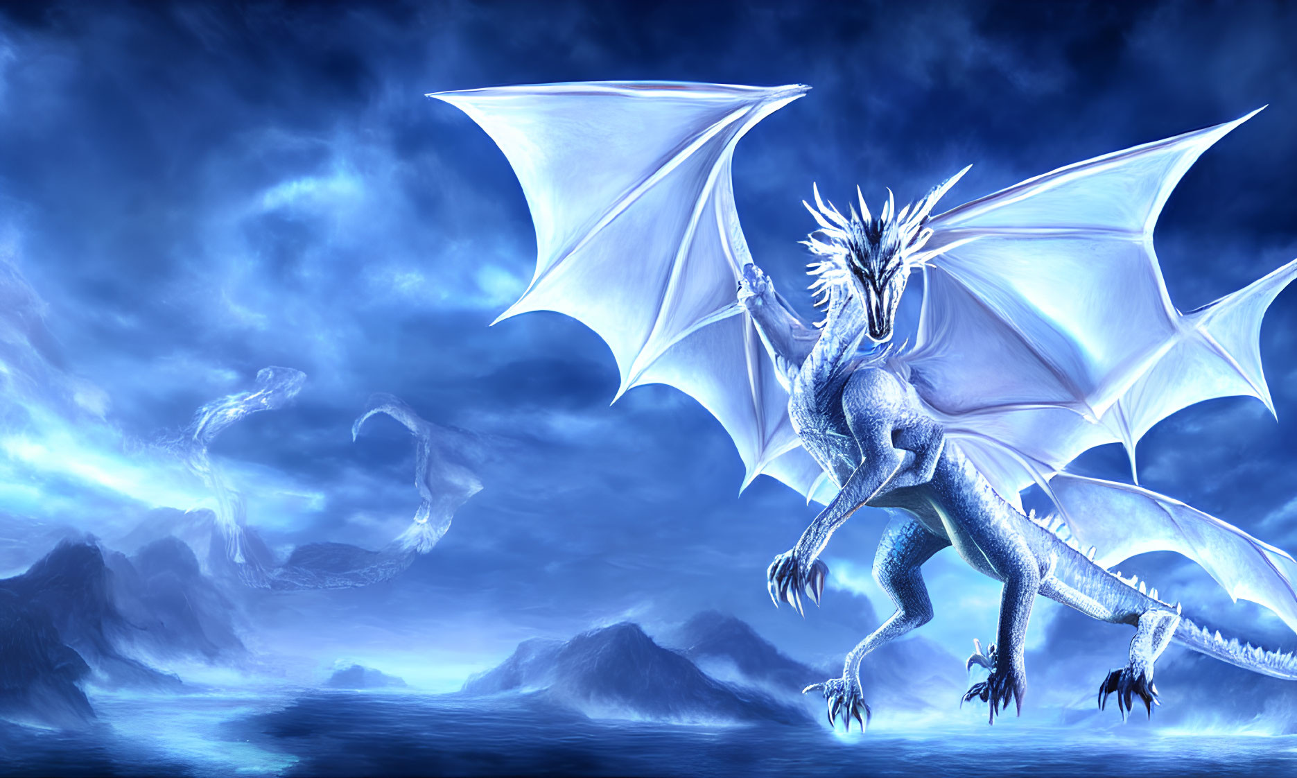 Blue dragon with large wings on craggy terrain in misty skies