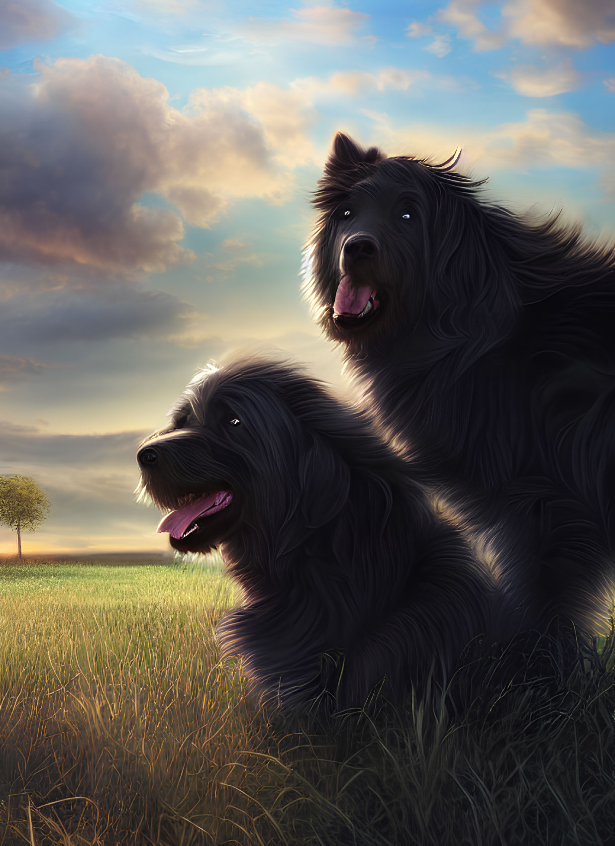 Two black dogs sitting in a field at sunset, tongues out, enjoying serene environment