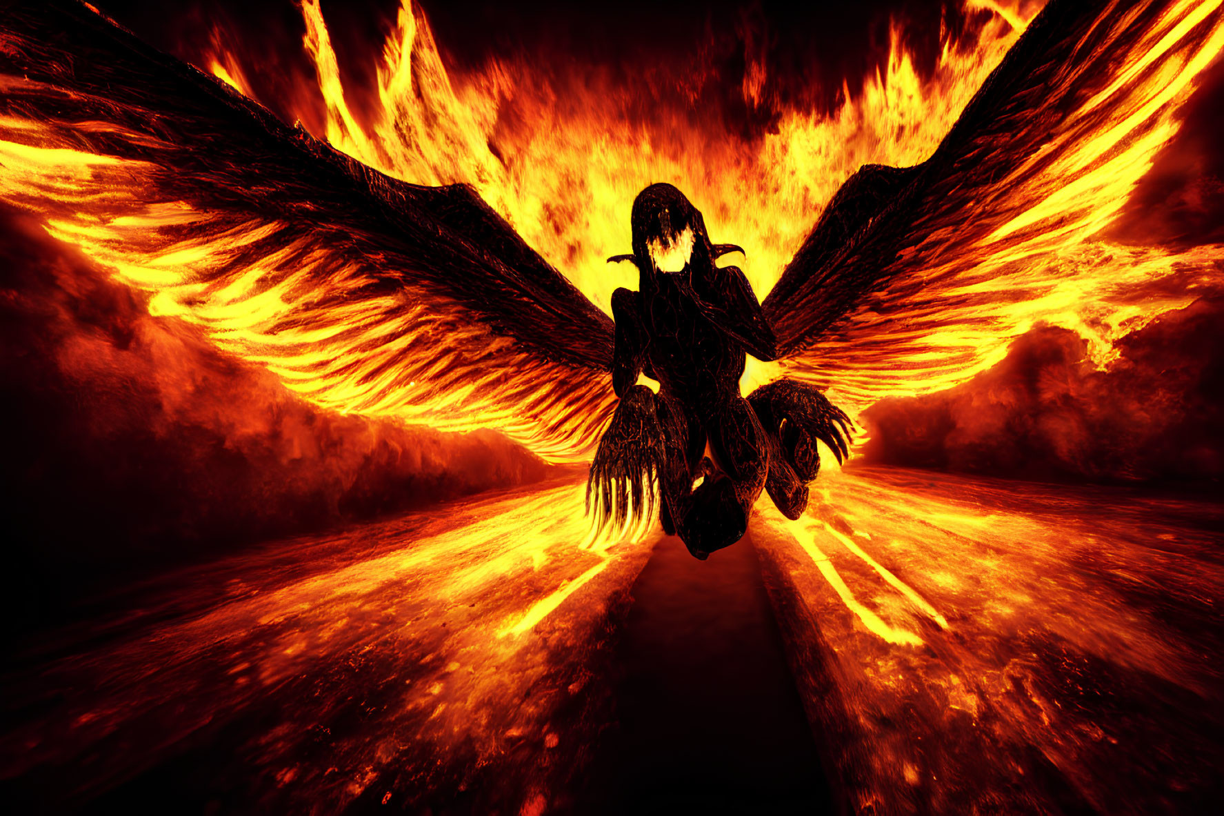 Fiery phoenix-like creature with human silhouette and expansive wings engulfed in flames