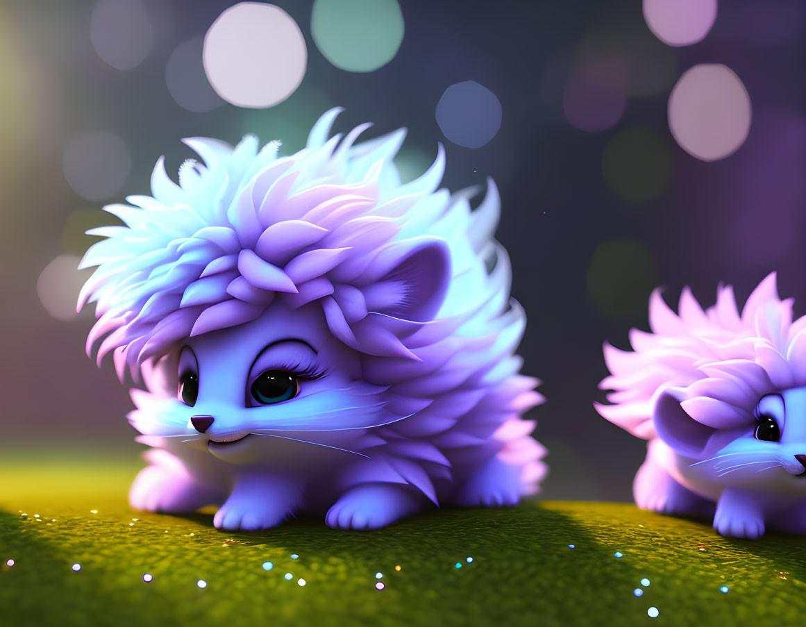 Adorable fantasy creatures with pastel purple fur on grassy surface