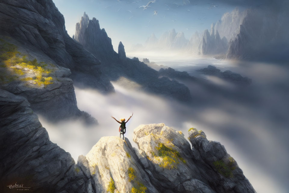 Person standing on rocky outcrop in triumph over misty mountain landscape