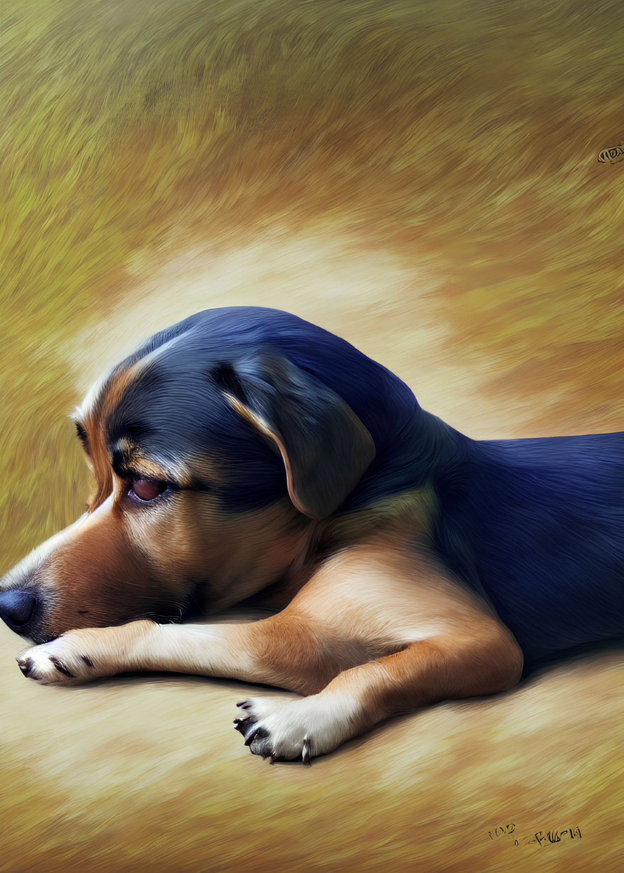 Tricolor dog in a digital painting with a forlorn expression