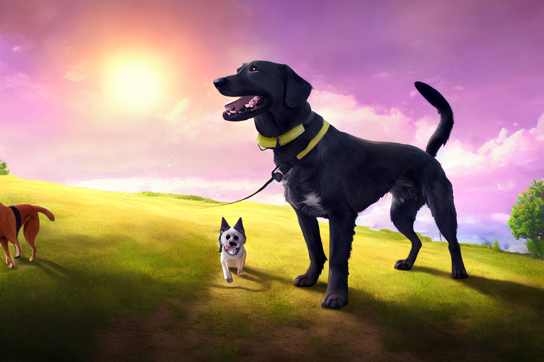 Black dog in yellow harness leads small dog on leash across sunny grassy hill