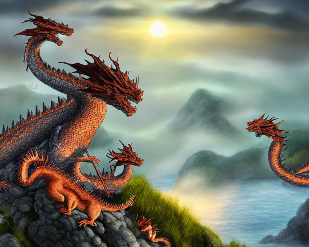 Majestic multi-headed dragon in misty mountain landscape at sunset