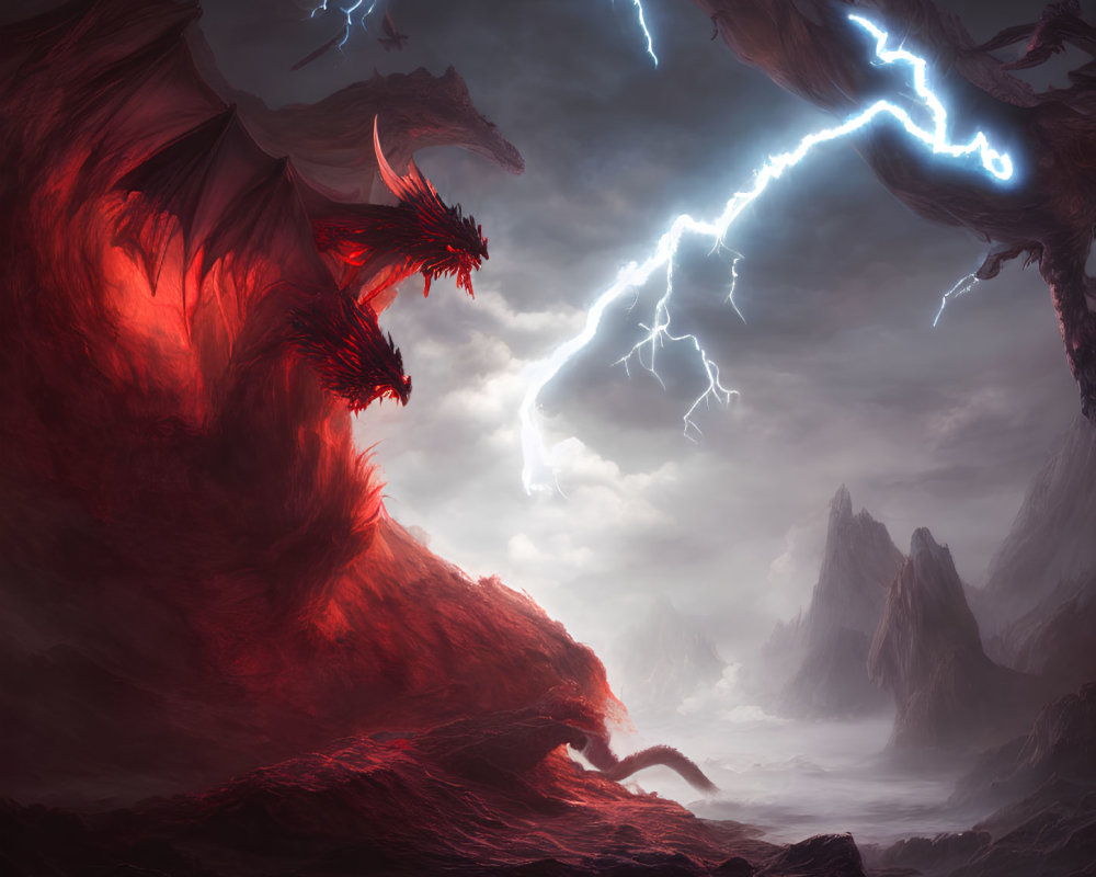 Red dragon on rocky landscape under stormy sky with mountains.