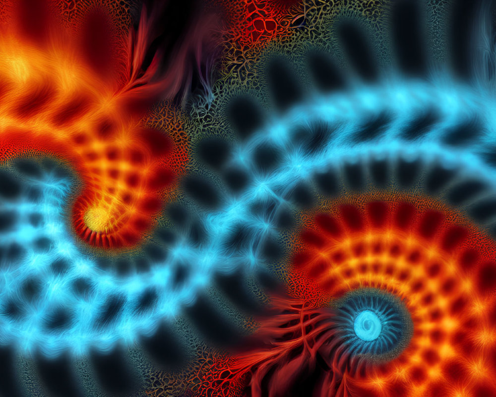 Colorful Fractal Spirals: Fiery Orange & Cool Blue Details