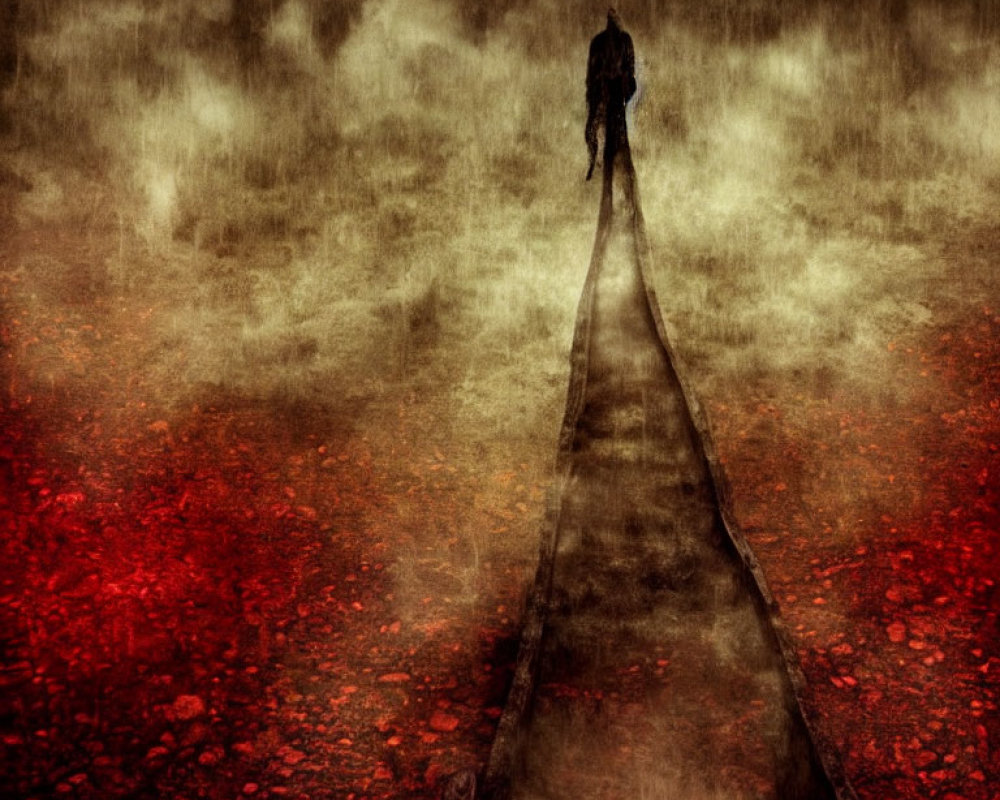 Solitary Figure Walking on Misty Path with Deep Red Hues