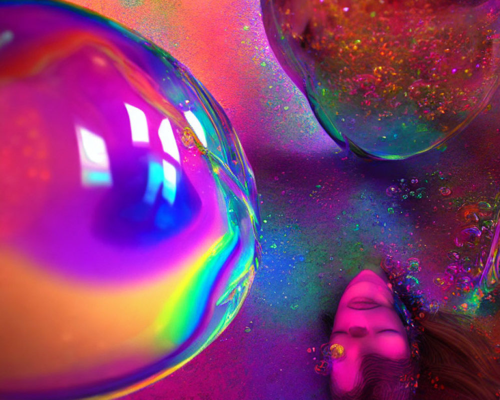 Woman's Face Submerged in Colorful Liquid with Bubbles and Sparkles