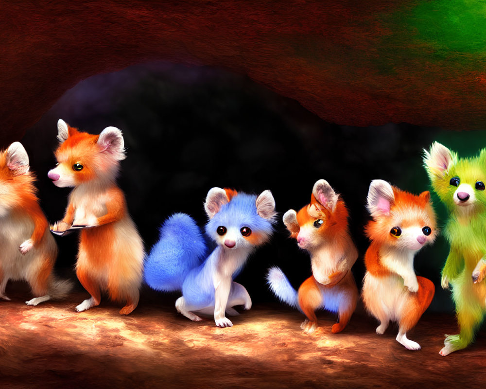 Vibrant illustrated foxes in orange, blue, and green by a dark cave