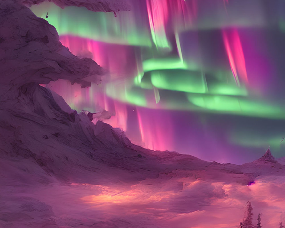 Twilight sky with vivid aurora borealis over snow-covered landscape