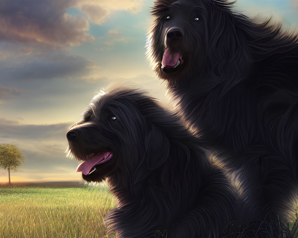 Two black dogs sitting in a field at sunset, tongues out, enjoying serene environment