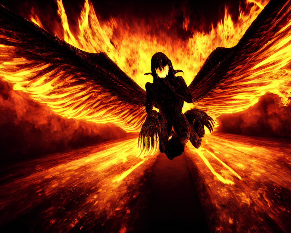 Fiery phoenix-like creature with human silhouette and expansive wings engulfed in flames