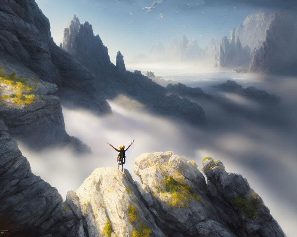 Person standing on rocky outcrop in triumph over misty mountain landscape