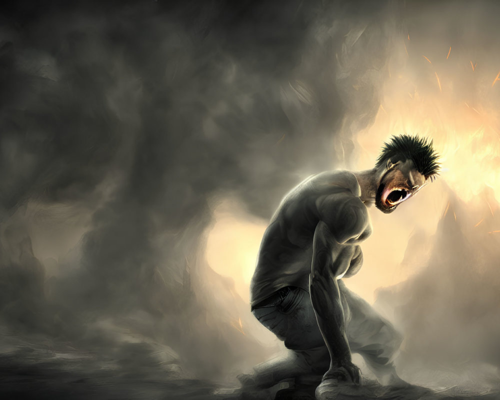 Man with anguished expression screaming in dark misty backdrop.