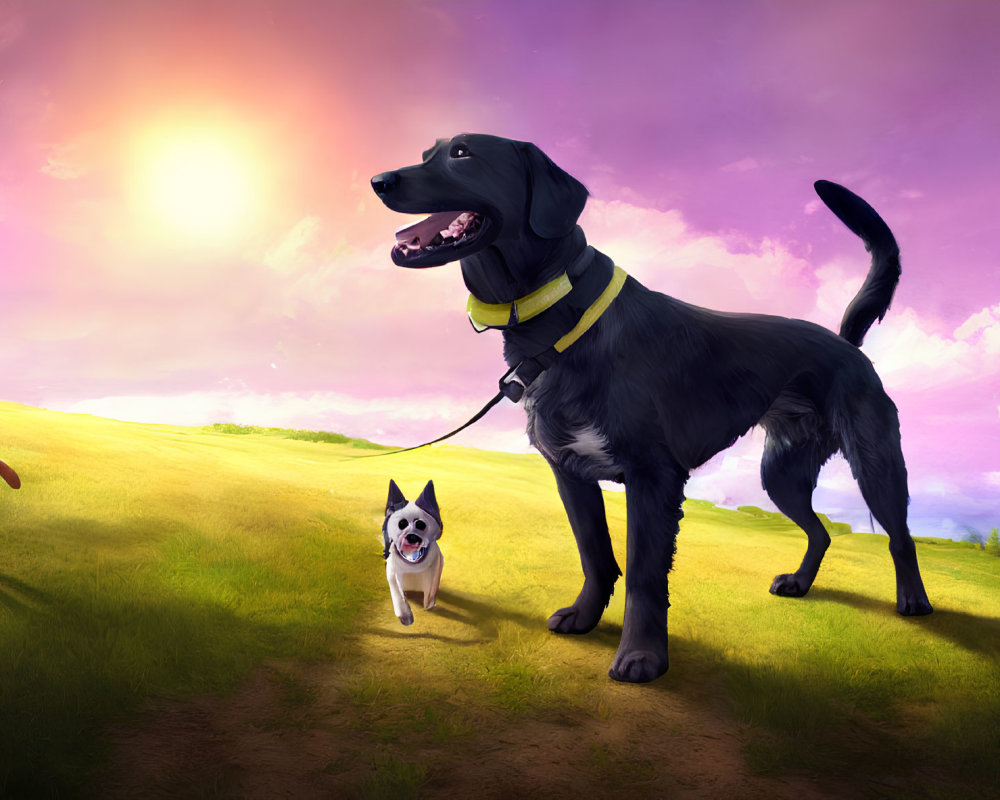 Black dog in yellow harness leads small dog on leash across sunny grassy hill