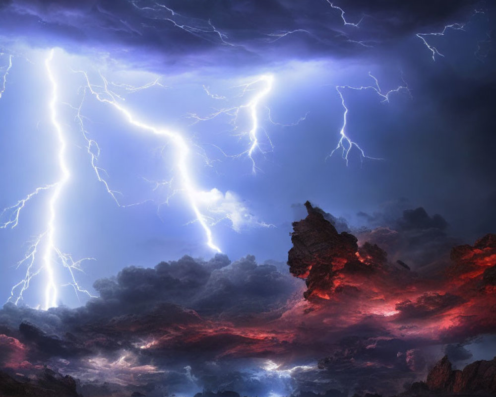 Dramatic lightning bolts in fiery red sky