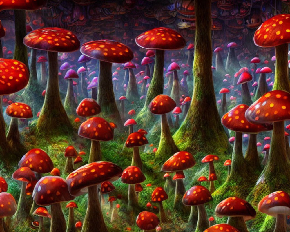 Enchanted forest scene with whimsical red-capped mushrooms