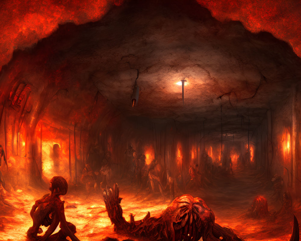 Dystopian underground scene with fiery glow and monstrous creature