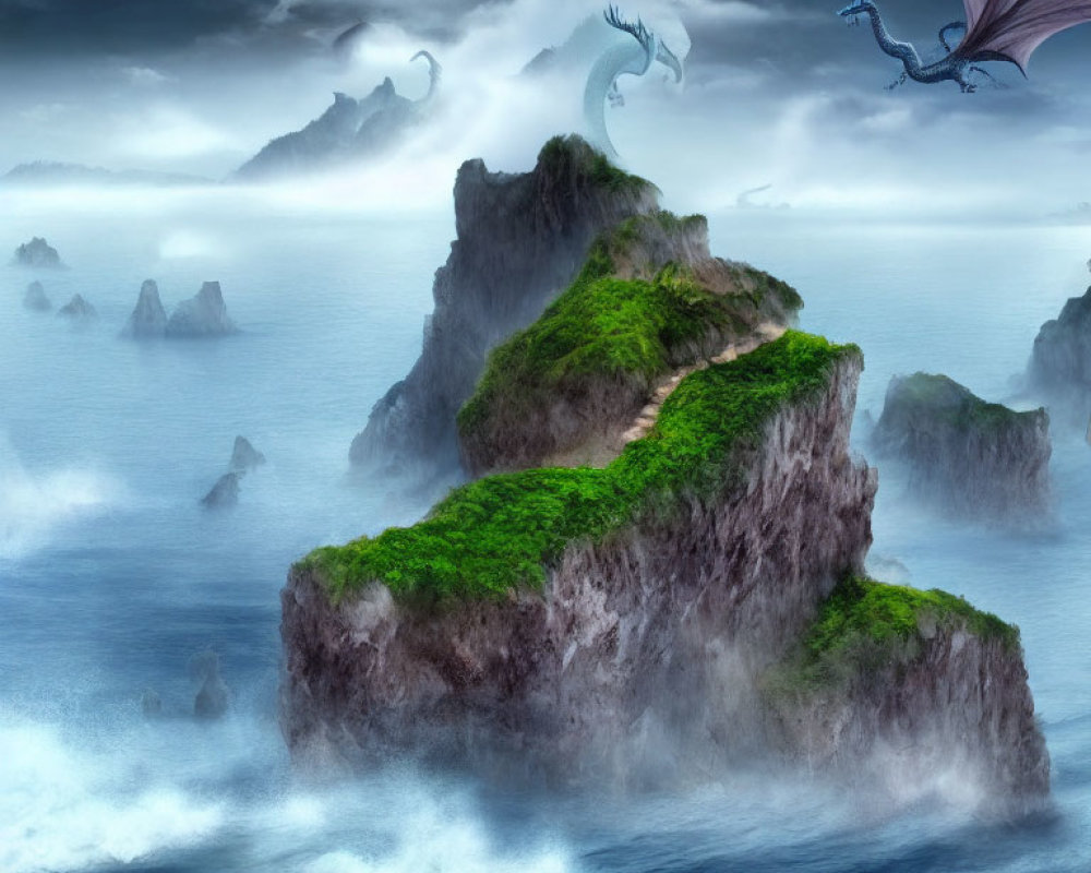 Moonlit mystical seascape with misty islands, greenery, and a flying dragon