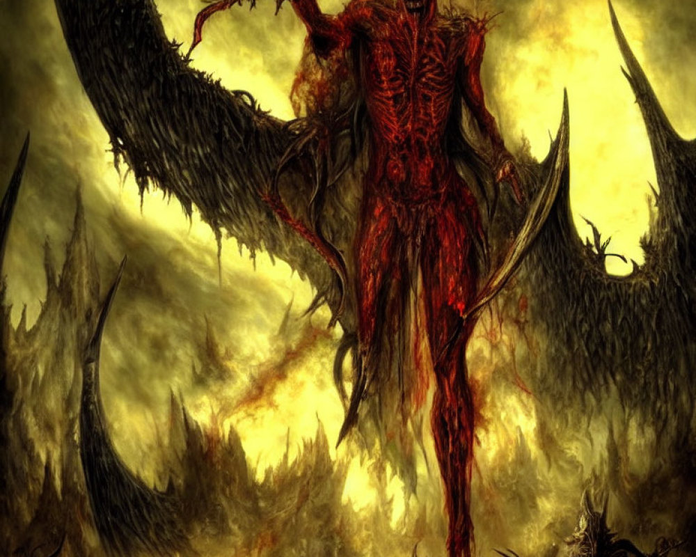 Menacing red skeletal demon with scythe and large wings in fiery yellow backdrop