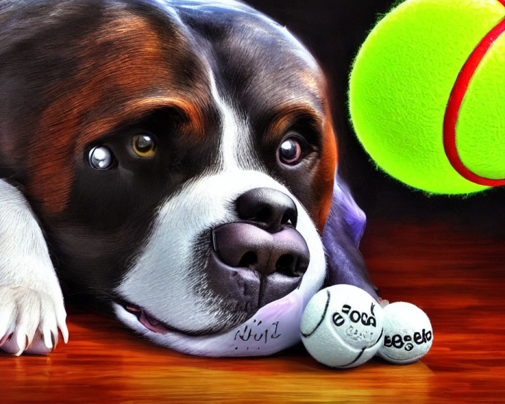 Dog gazing at tennis ball with purple toy and 'coach' balls on floor