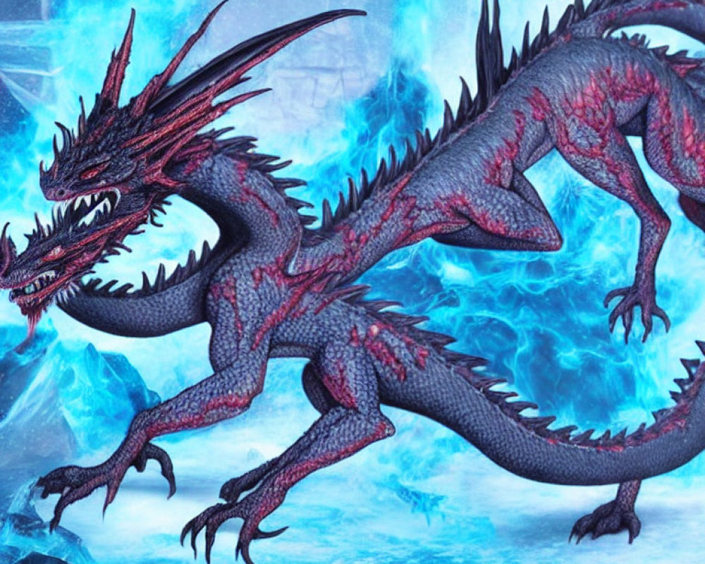 Detailed Red and Blue Dragon with Multiple Horns on Icy Crystal Backdrop