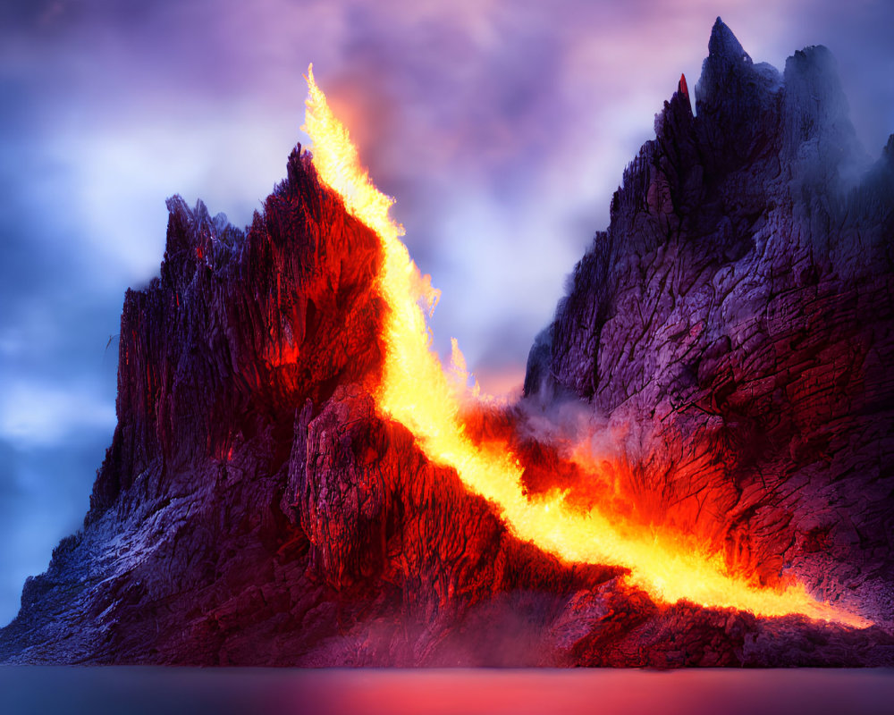 Dramatic image: Rugged cliffs, fiery lava flow, stormy purple sky