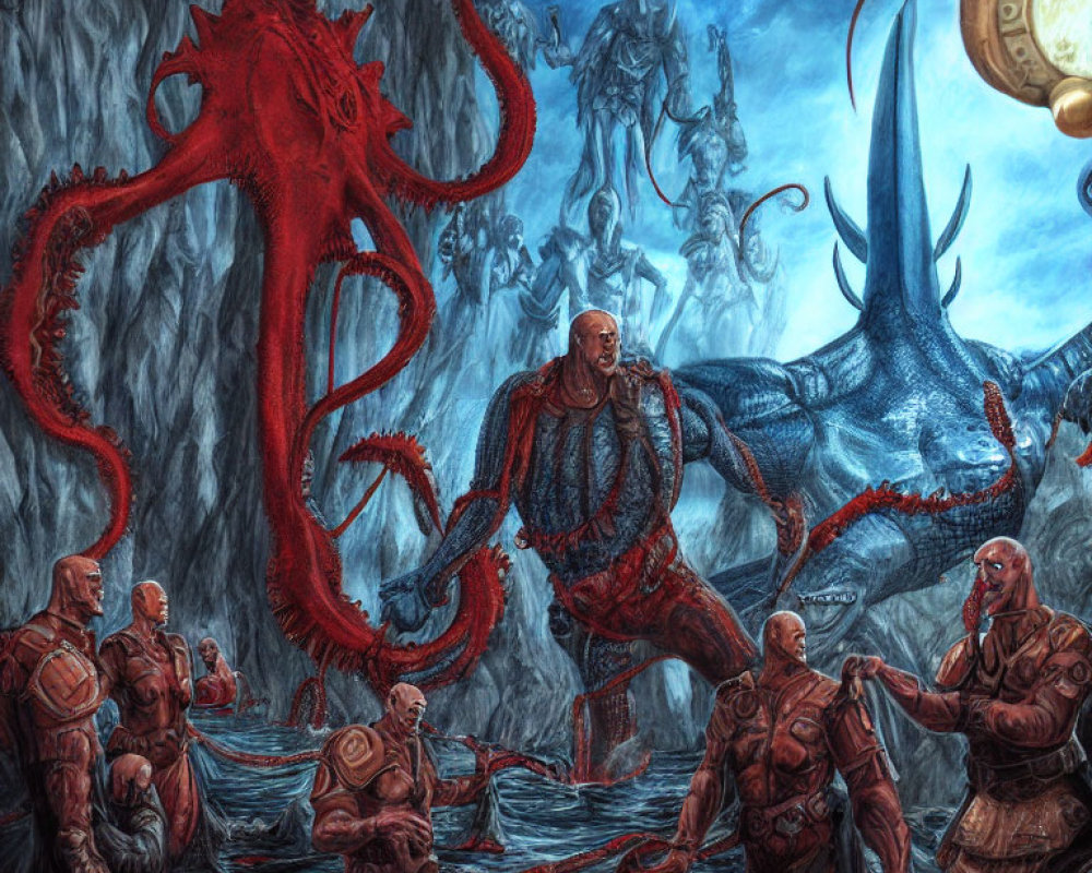 Armored warriors, red tentacled creature, and dragon in fantasy scene