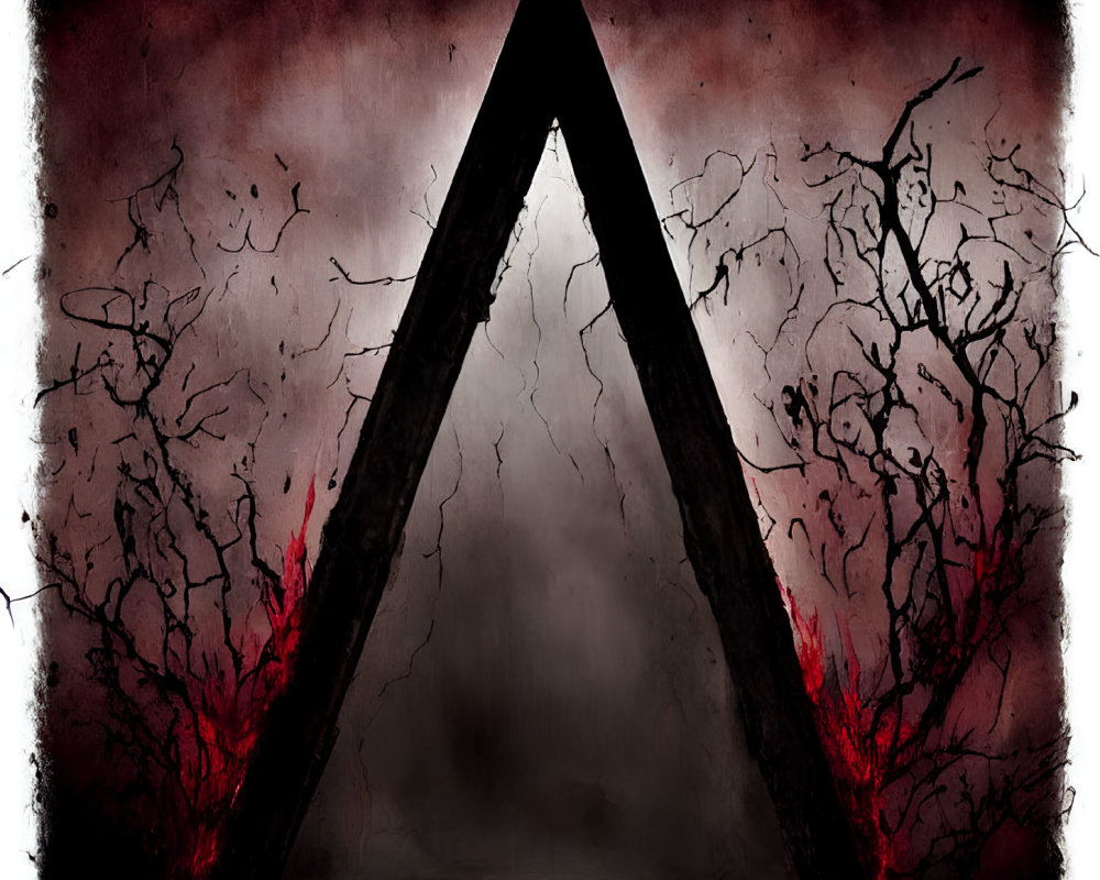 Ominous triangular portal with red accents in dark setting