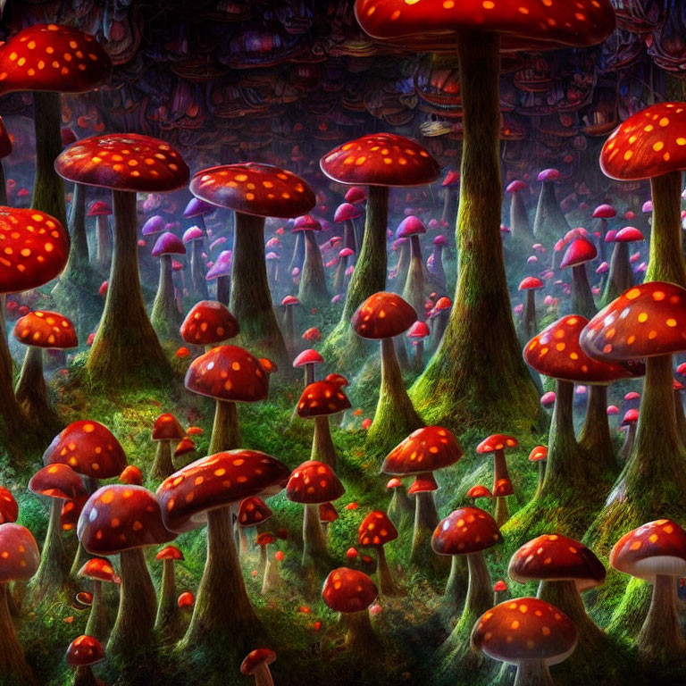 Enchanted forest scene with whimsical red-capped mushrooms