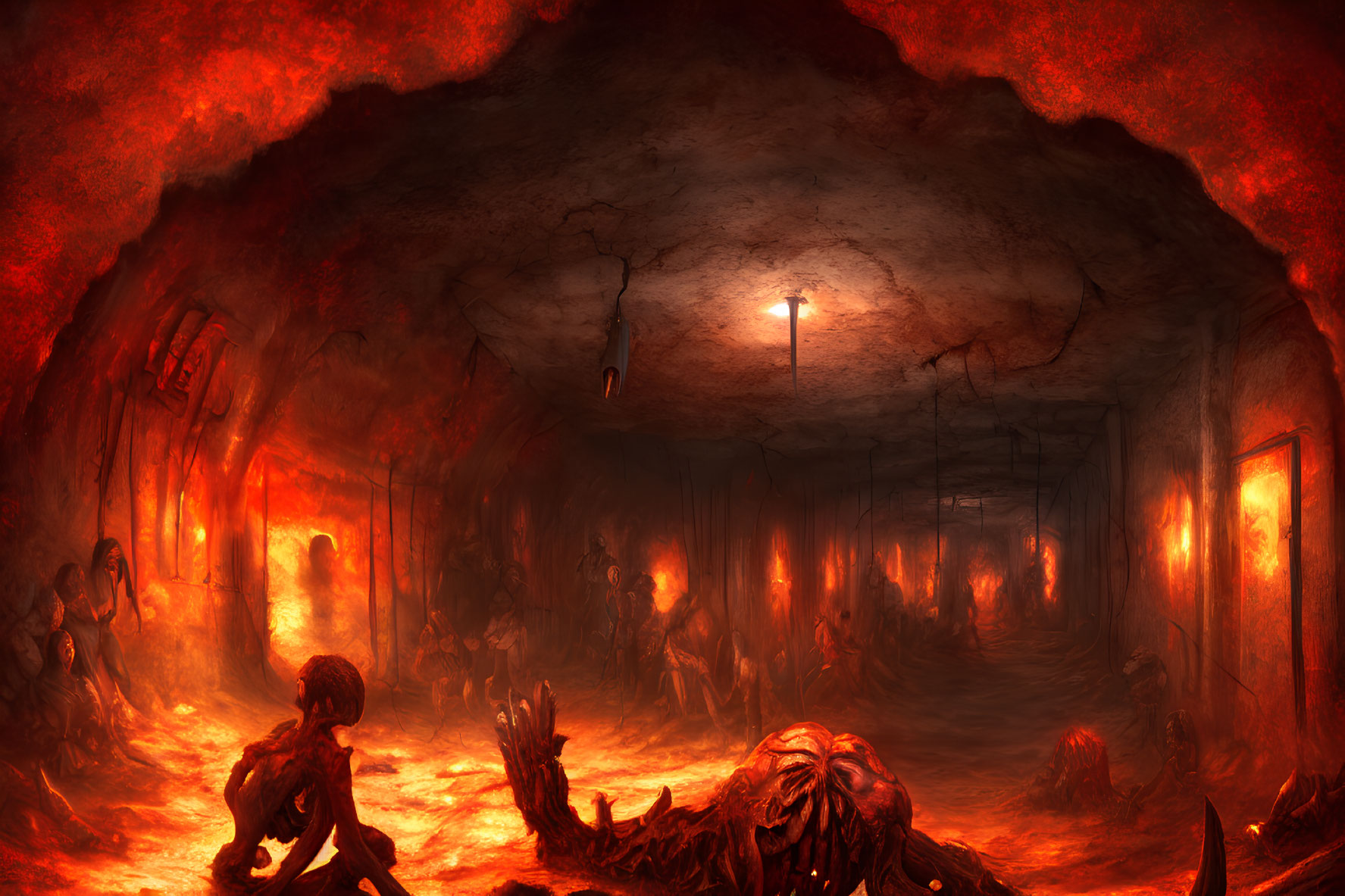 Dystopian underground scene with fiery glow and monstrous creature