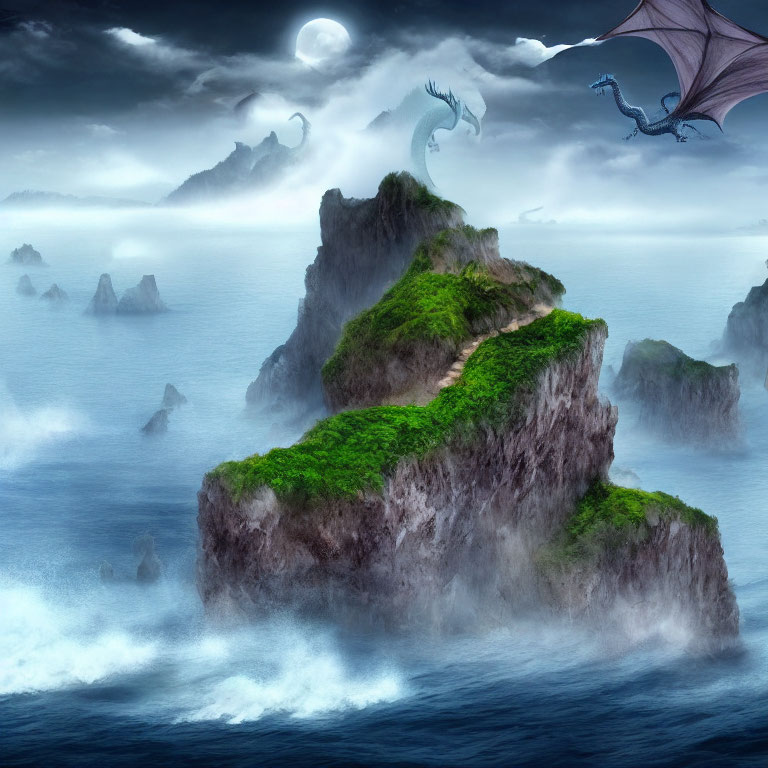 Moonlit mystical seascape with misty islands, greenery, and a flying dragon