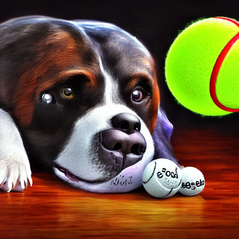 Dog gazing at tennis ball with purple toy and 'coach' balls on floor