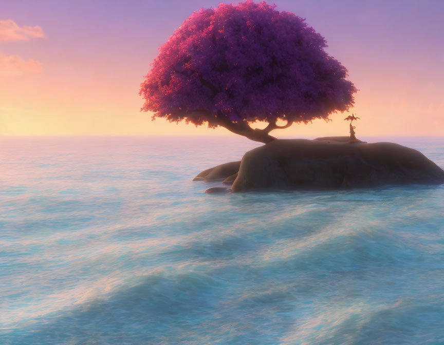 Person under vibrant purple tree on tranquil island at sunset