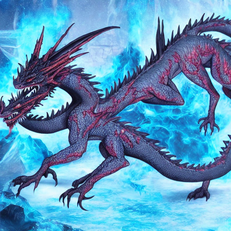 Detailed Red and Blue Dragon with Multiple Horns on Icy Crystal Backdrop