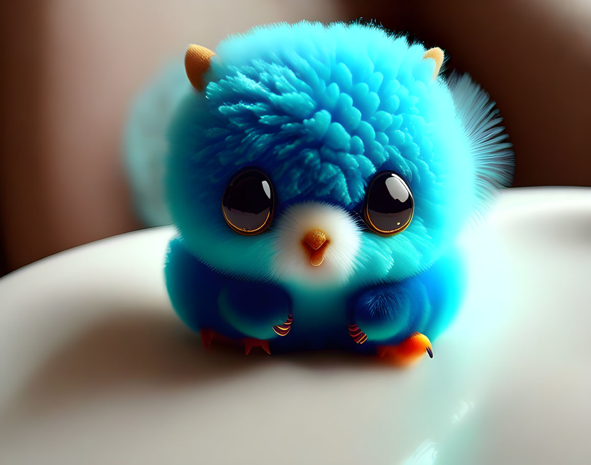 Blue fluffy cartoon creature with glossy eyes and orange beak on light surface