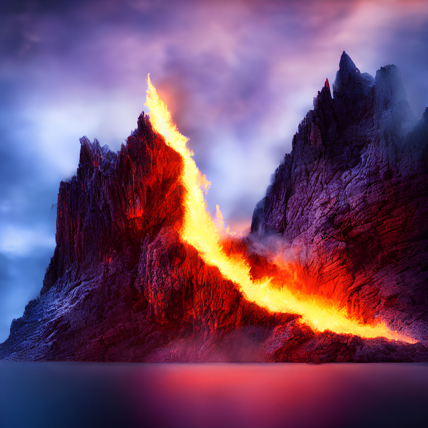 Dramatic image: Rugged cliffs, fiery lava flow, stormy purple sky