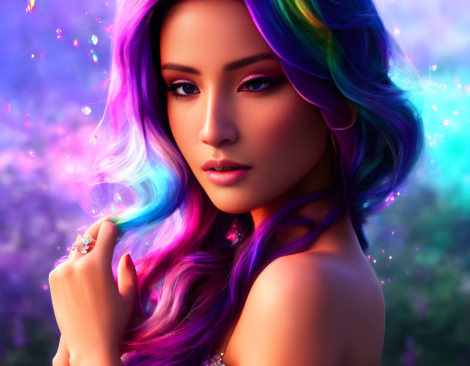 Colorful Digital Art: Woman with Purple Hair and Sparkling Lights