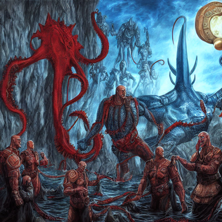 Armored warriors, red tentacled creature, and dragon in fantasy scene