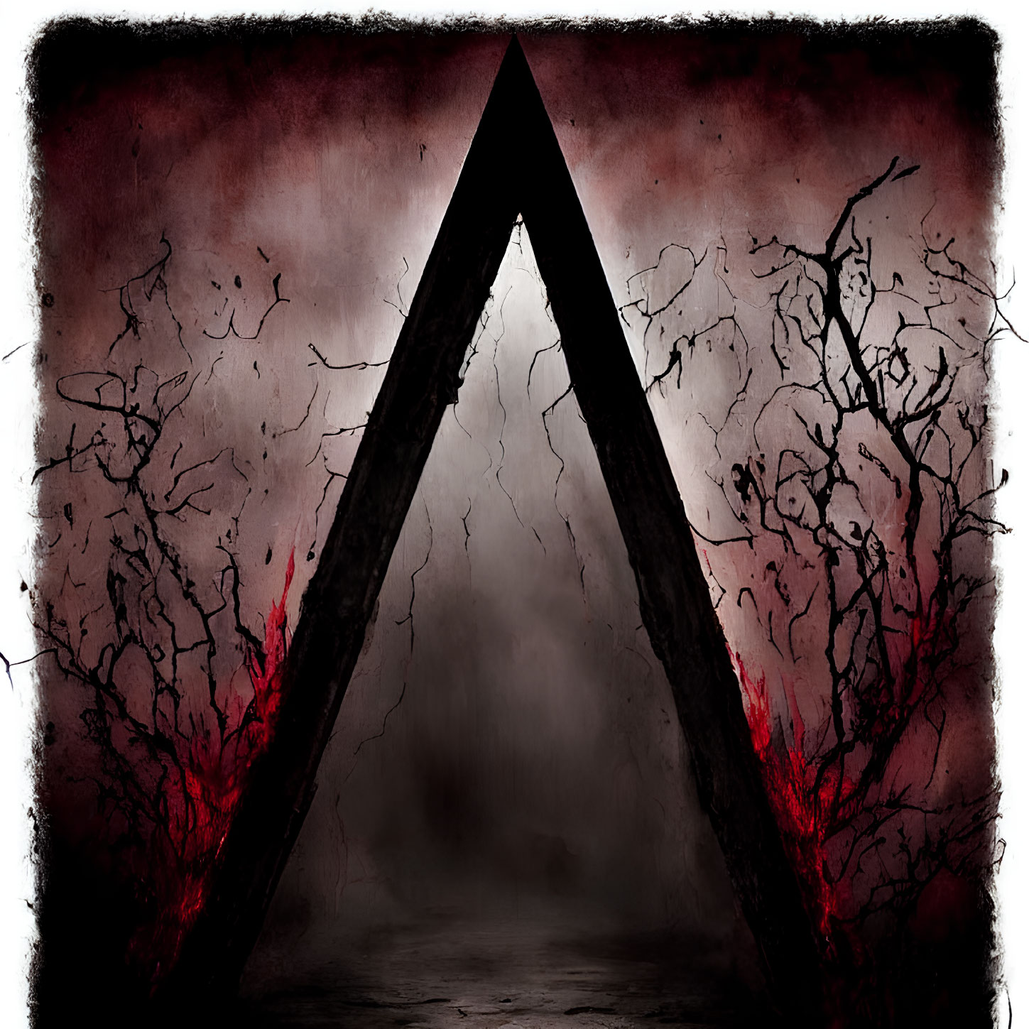 Ominous triangular portal with red accents in dark setting