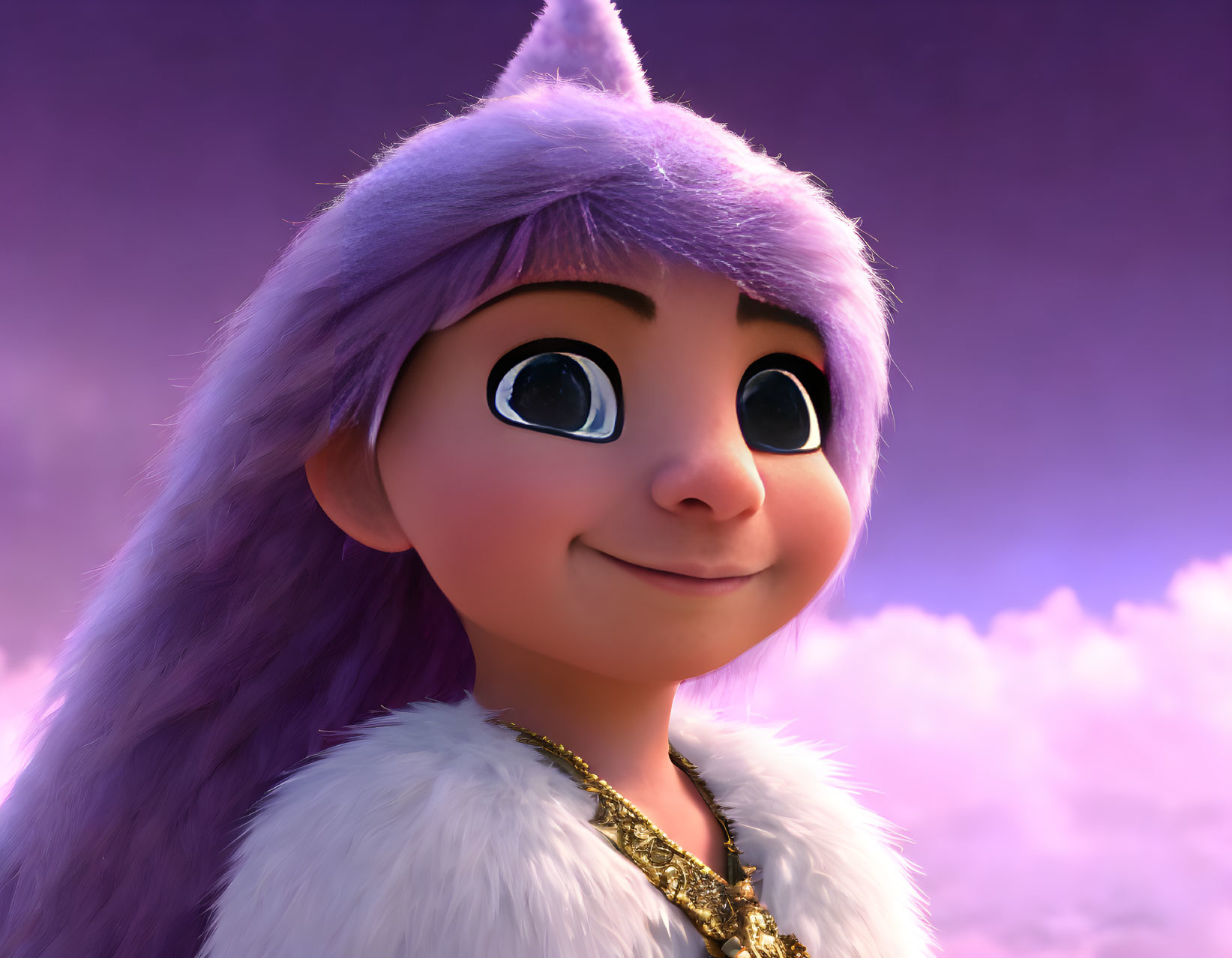 Purple-haired animated character in white fur coat under purple sky