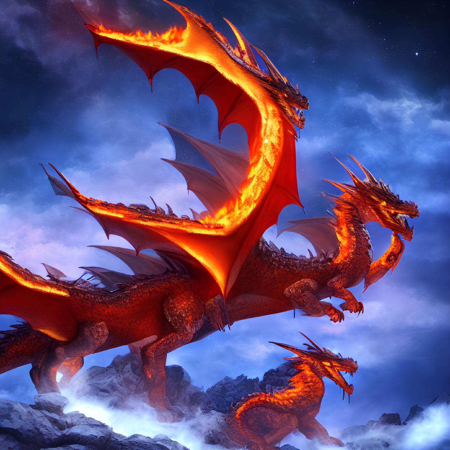 Three-Headed Dragon on Rocky Terrain Under Starry Night Sky