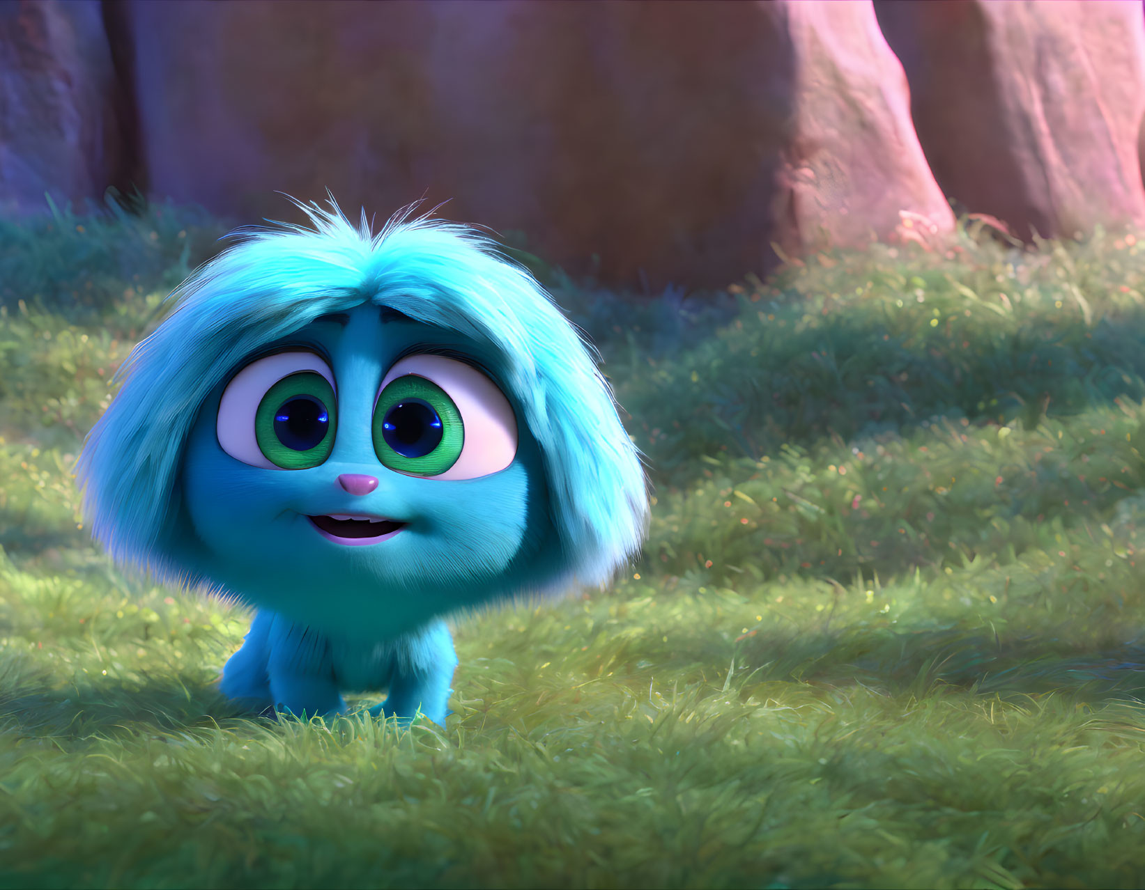 Blue fluffy animated character with big green eyes in grassy area