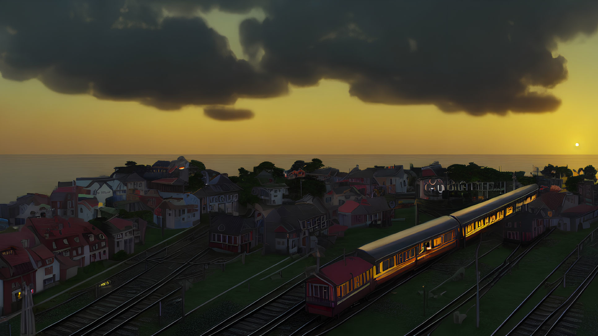 Coastal Town Sunset Scene with Train and Colorful Houses