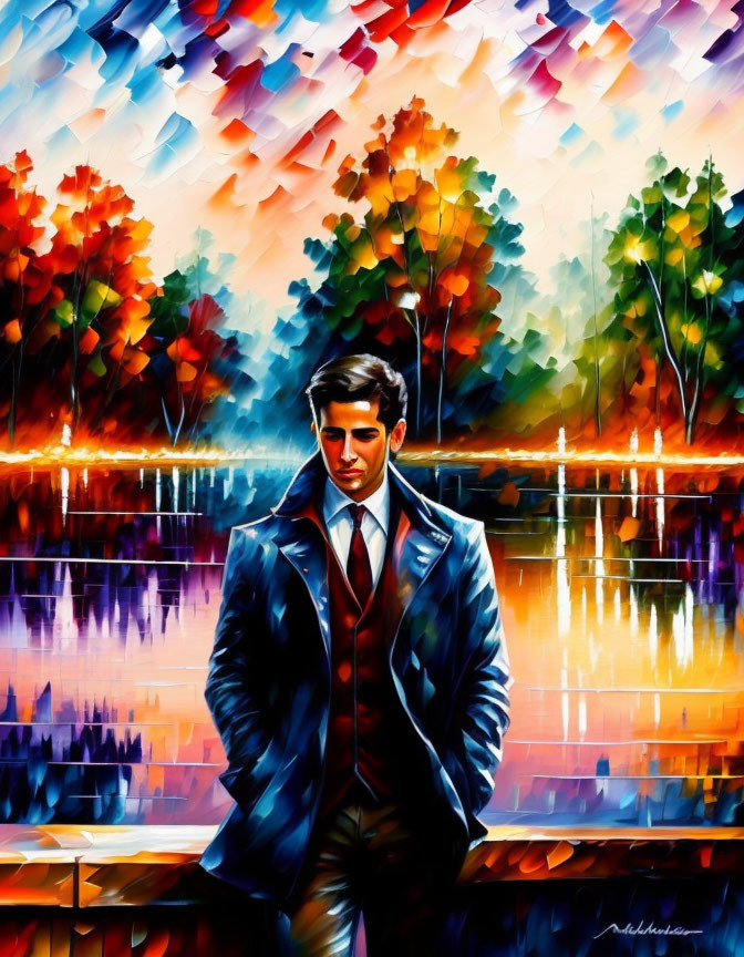 Colorful Impressionistic Painting of Man in Suit by Water with Autumn Trees