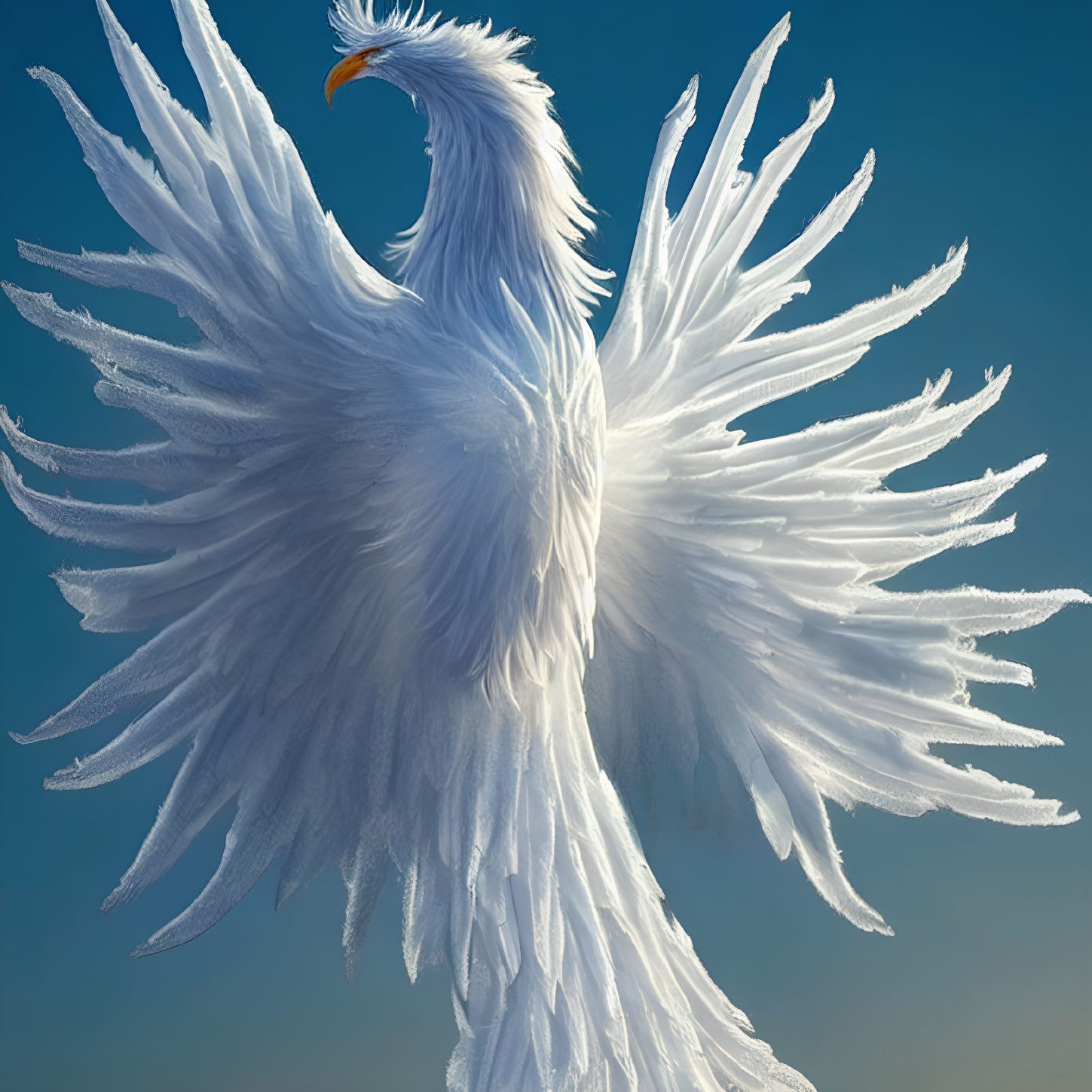 White Phoenix with Spread Wings on Blue Background: Majestic and Detailed Feathers